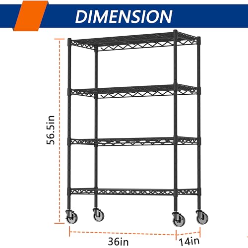 Adjustable Heavy Duty Wire Shelving Unit with Wheels - 4 Shelves, Black