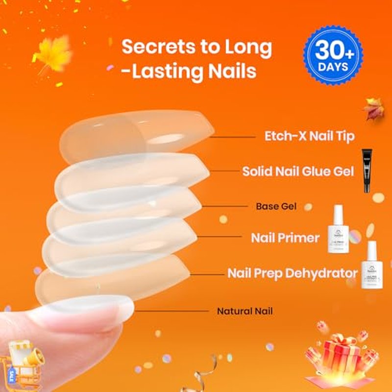 Beetles Gel Nail Kit Etch-X, Almond Short, 576pcs 12 Sizes, with Dehydrator and Primer, Solid Glue Mini Lamp, Pre-Etched Half Matte Acrylic Nail Kit Fake Nail for Home DIY Extension Set