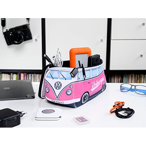 BRISA VW Collection - Volkswagen Neoprene Universal Makeup Cosmetics Toiletry Travel Pharmacy Bag in T1 Bus Design (Pink/Large) (Large (11.8 x 5.5 x 4.7 inches))