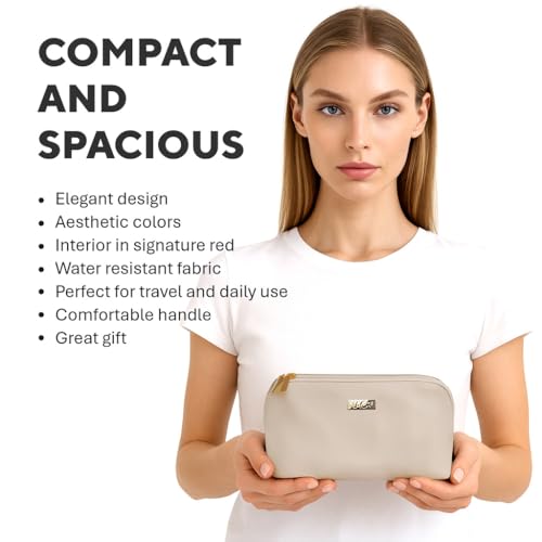 NAORI Travel Makeup Bag for Women | Large Luxury Cosmetic Organizer with Handle & Inner Pockets | Waterproof Faux Leather Toiletry Bag | Makeup Case for Home, Travel & Gifting (Creamy Beige)