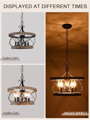 Farmhouse Wood Chandelier Light Fixture - 16 Inch Dining Room Pendant with 5 Bulb Holders - Wood-2
