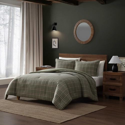 Queen Comforter Set with Shams - Alpine Plaid Green Flannel Bedding