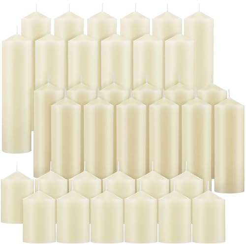 MTLEE Unscented Ivory White Pillar Candles Bulk 36 Pack - 3 Sizes