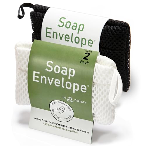 Soap Bag 100% Recycled - Soap Saver Pouch, Loofah Bath Scrubber for Bar Soap + Exfoliator (2-Pack Combo, Gentle and Deep Exfoliation)