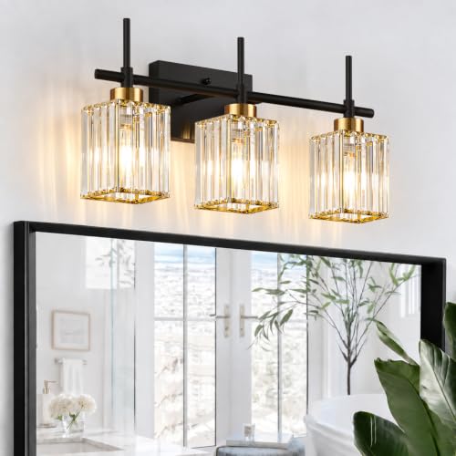 Black Gold Square Shade Crystal Vanity Lights - 3-Light Bathroom Wall Fixture