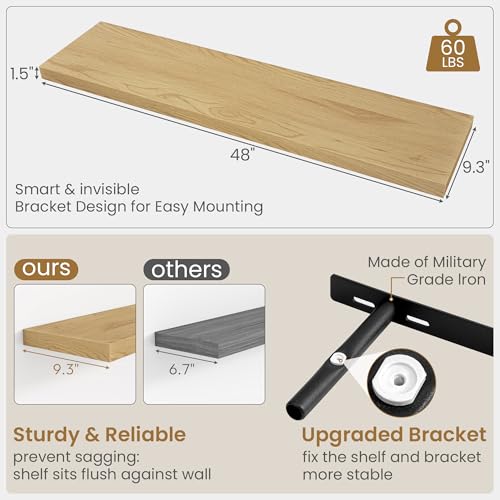Fun Memories 48-Inch Oak Floating Wall Shelves Set of 1 - Deep Rustic Storage for Bathroom, Living Room, Bedroom, Kitchen