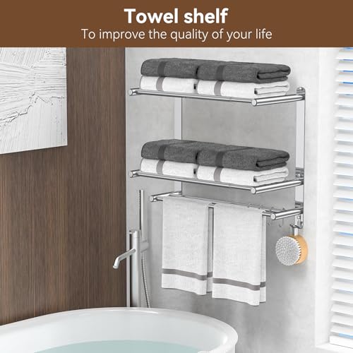 Silver 2-Tier Expandable Bathroom Towel Rack with Shelf and Hooks
