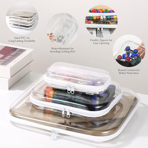 Owfeel 4PCS Clear Hard Shell Zipper Case, Plastic Double Zippered Storage Organizer Pouches for Travel, Transparent Cosmetic Bag for Make Up Tools, Toiletries, Toy Storage