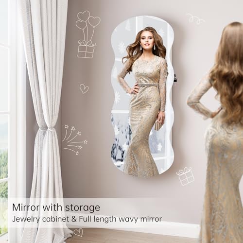 Whitebeach 42.5x17.3in LED Jewelry Armoire Cabinet Wall/Door Mount, Lockable Mirror Organizer