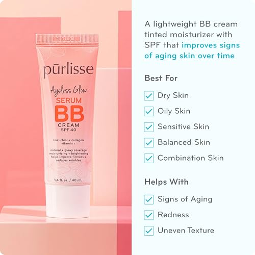 Pūr·lisse Ageless Glow Serum BB Cream SPF 40 - Light Medium 1.4 oz Natural Tinted Moisturizer with Vitamin C & Bakuchiol