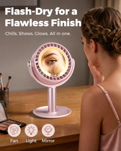 Pink 3-in-1 Makeup Fan with Mirror & LED Light, Face Cooling Fan for Skincare & Lash