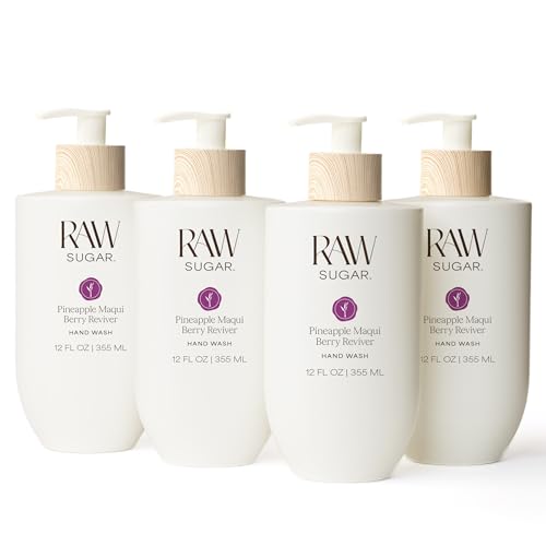 RAW SUGAR Pineapple Maqui Berry Reviver Hand Wash - Pack of 4, 12 Fl Oz, Vegan, No SLS/SLES & Parabens