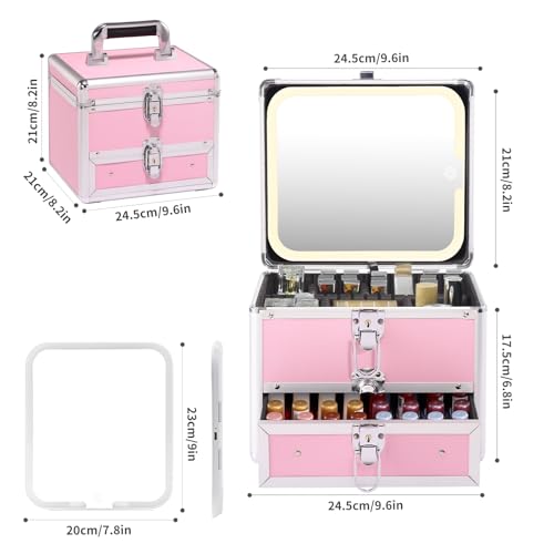 Leeora&Leekoo Pink Makeup Box with Lighted Mirror & Adjustable Dividers Travel Case
