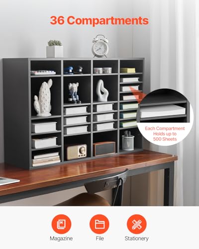 Dark Grey VEVOR 36-Compartment Wooden Literature Organizer with Adjustable Shelves