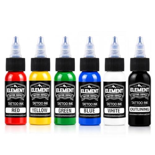 Element Tattoo Supply 6-Color Ink Set - 1oz Bottles, White Black Yellow Red Green Blue