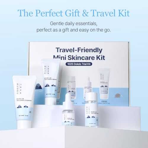 ROUND LAB 1025 Dokdo Hydrating Mini Size Kit (Cleanser, Toner, Ampule, Cream), Deep Hydration for Dry Skin, Daily Skin Care Routine Trial Kit for Moisture Care, Travel Size Gift Set, Korean Skin Care