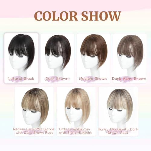 Human Hair Topper with Bangs - 10 Inch Real Hair Clip-In Fringe - Medium Brown & Blonde Mix with Dark Brown Roots