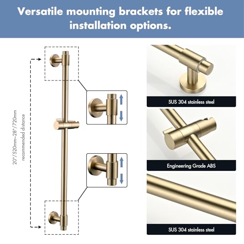 Adjustable 30-Inch Shower Slide Bar Set with 5-Function Handheld Shower Head - Brushed Gold, Drill Mounted
