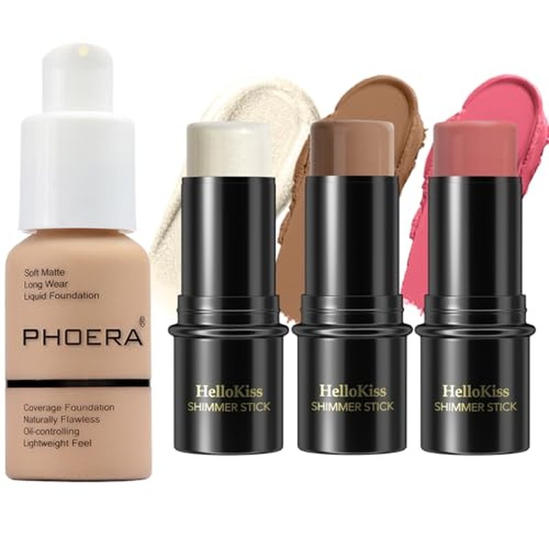 Hilareco PHOERA Foundation,3 PCS Contour Stick Makeup Kit,Shades with Highlighter Stick,Blush Stick and Bronzer Contour (104+Light-Medium Contour/Buff Beige+#02,#10,#12)
