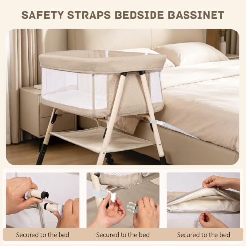 3-in-1 Baby Bassinet Bedside Sleeper with Mesh Sides & Height Adjustment - Beige