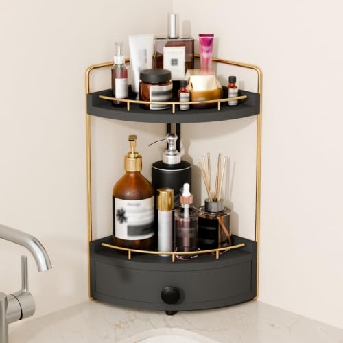 2-Tier Corner Bathroom Counter Organizer with Drawer Black Gold 7.68" x 7.68" x 15.75"