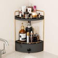 2-Tier Corner Bathroom Counter Organizer with Drawer Black Gold 7.68" x 7.68" x 15.75"