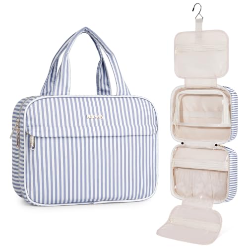 Narwey Hanging Travel Toiletry Bag for Women - Greyish Blue Stripe, Medium