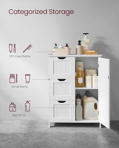 VASAGLE Bathroom Floor Storage Cabinet with 3 Drawers - White, 23.6W x 11.8D x 31.5H, Includes 1 Door