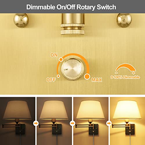 Gold Dimmable Wall Sconce Set of 2 - Large Swing Arm Wall Lights with Plug-In Cord