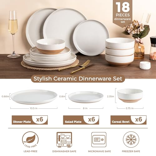 Light Beige Dinnerware Set for 6 - 18 Pieces Ceramic Plates & Bowls