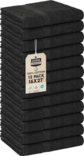 12 Pack Salon Towels - Black 16x27 Inch 100% Cotton Hair & Spa Towels