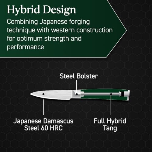 Green HexClad 3.5-Inch Japanese Damascus Paring Knife - Full Tang, Sharp Kitchen Tool
