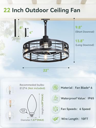Outdoor Ceiling Fan with Light Black 22-Inch Waterproof IP65 Gazebo Fan