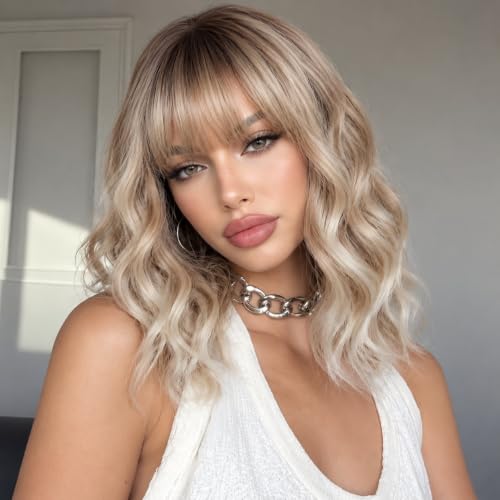 iAelev 16 Inch Ombre Blonde R60 Wavy Synthetic Wig with Bangs for Women