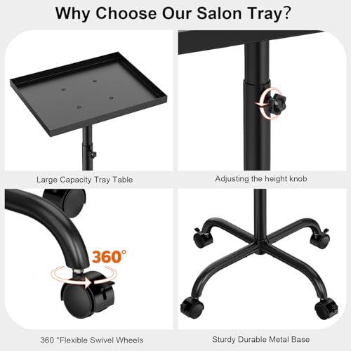 Black Salon Rolling Trolley with Height Adjustable Tray for Hair & Beauty