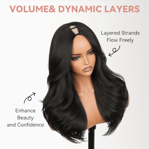 PREMPO 20 Inch Natural Black Wavy V Part Wig for Black Women - Glueless, Layered Synthetic Hair