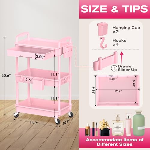 Goovilla Rolling Makeup Organizer Cart with Removable Drawer, 3 Tier Stable Pink Floor Skincare Storage Cart for Vanity, Cosmetic Display, Nail Polish, Perfume, Hair Stuff, Beauty, Bathroom(Plastic)