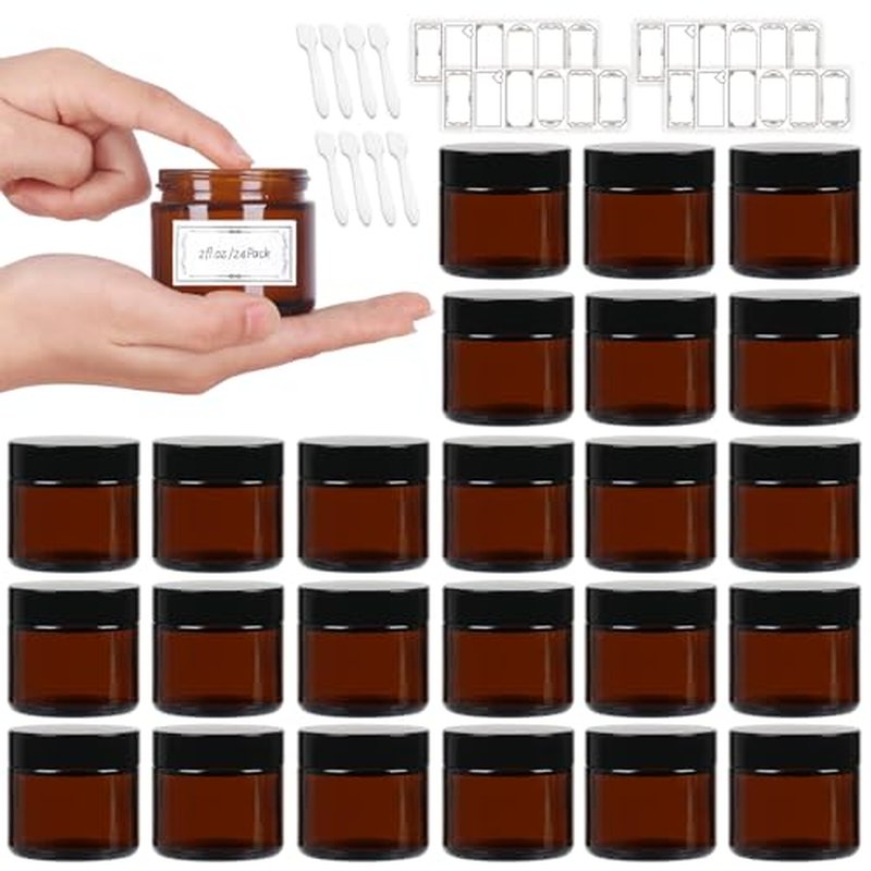 2oz Amber Glass Jars with Lids 24Pack- 2 oz Airtight Small Jars with Lids&Stickers for Cosmetics, Body Butter, Candle Making (2fl.oz-24Pack)