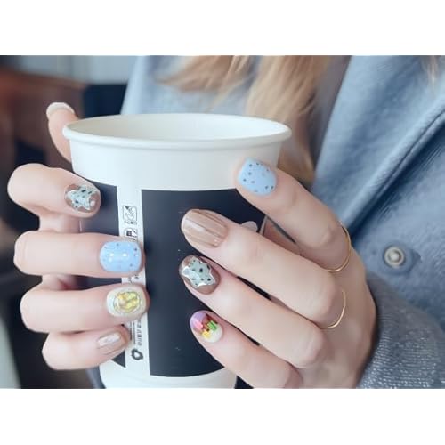 Handmade Press On Nails, 10pcs Short Squoval, Blue Macaron Pastel Mix Print with Star Confetti & Jelly Gem Accent, Reusable Glue On False Nails (Size Small)