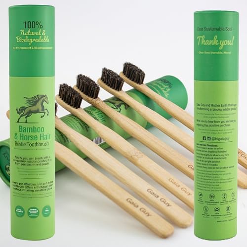 Natural Bamboo Toothbrush with Soft Horsehair Bristles - Eco-Friendly, Compostable, Zero Waste - 6 Pack