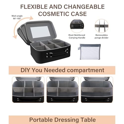[Bridal Makeup Bag with Mirror] Large-capacity travel makeup storage bag, with compartments and a free brush pouch, waterproof PU makeup bag, durable structure & portable design (black Style)