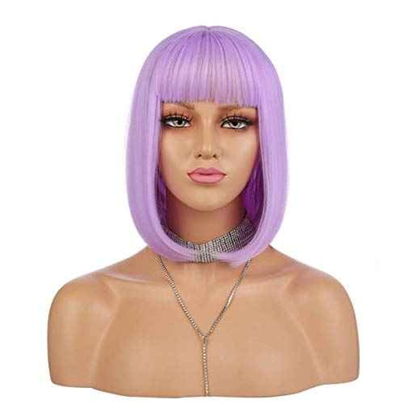 eNilecor Short Bob Hair Wigs 12" Straight with Flat Bangs Synthetic Colorful Cosplay Daily Party Wig for Women Natural As Real Hair+ Free Wig Cap (Lavender Purple)