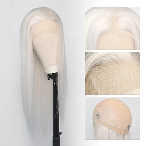 White Platinum Blonde Lace Front Wig for Women - Pre-Plucked, Heat Resistant Synthetic Fiber, 24 Inch
