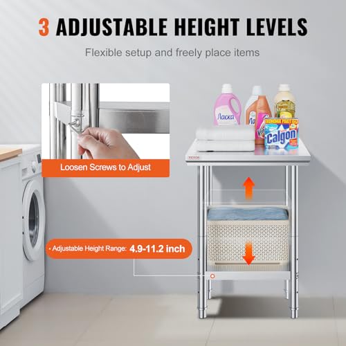 Stainless Steel Commercial Kitchen Prep Work Table - 24x24x32 Inch, Adjustable Undershelf, VEVOR