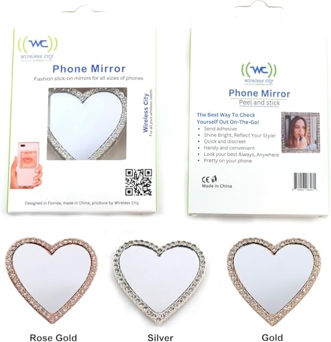 Heart-Shaped Phone Mirror Set 2 Pack - Silver & Gold Compact Bling Makeup Mirrors with Adhesive Backing