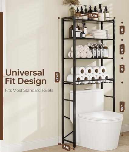 Over-the-Toilet Storage Rack with Wooden Shelves & Open Basket - Black, 24.4x9.4x69.3 Inches - Tujurich