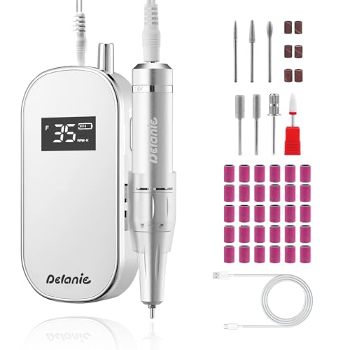 Delanie Electric Nail Drill 35000 RPM, Portable E File for Nails Professional with Belt Clip, Rechargeable Electric Nail File for Acrylic and Gel Nails, Efile Nail Machine with bits kit for Manicure