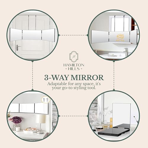 Hamilton Hills Adjustable Trifold Mirror - 360 Degree 3-Way Barber Mirror for Hanging or Wall Mounting - Triple-Section Panel for Haircuts, Braiding, and Makeup - for Personal Grooming in Bathroom
