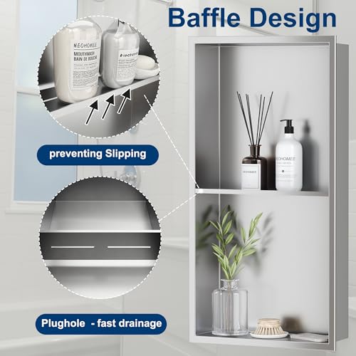 Brushed Stainless Steel 2-Tier Shower Niche 12x24 Inches - Easy Install