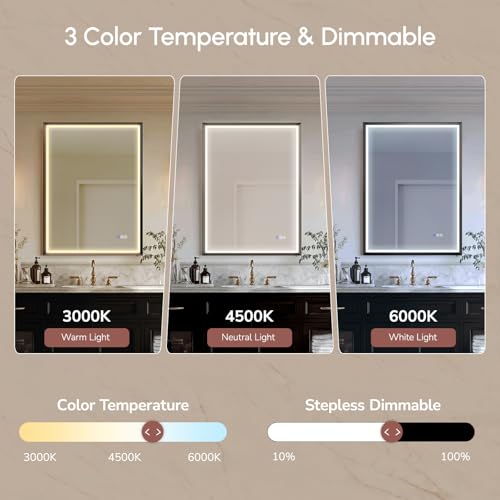 22x30 Inch Black LED Bathroom Mirror with Light Frame - Shatterproof & Modern